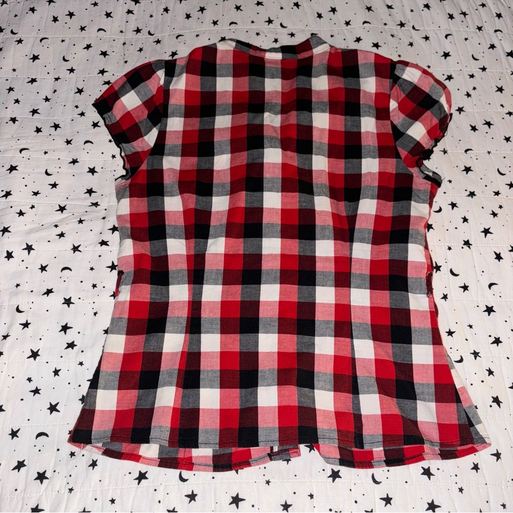 Celine red and black plaid blouse with ruffles. Size M. - Picture 2 of 7